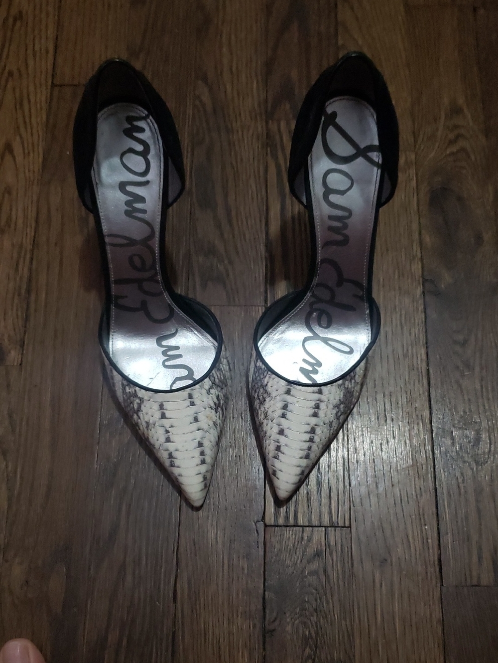 Sam Edelman Black and Cream Snakeskin D'Orsay Pointed Pumps